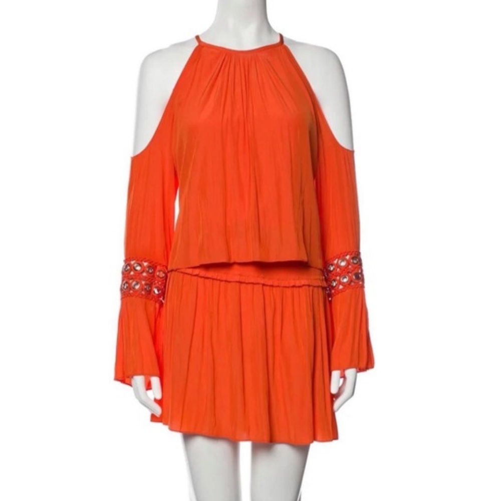 Ramy Brook $425 Libby Dress Size XS Orange 🍊 Smocked Party Cold Shoulder Event